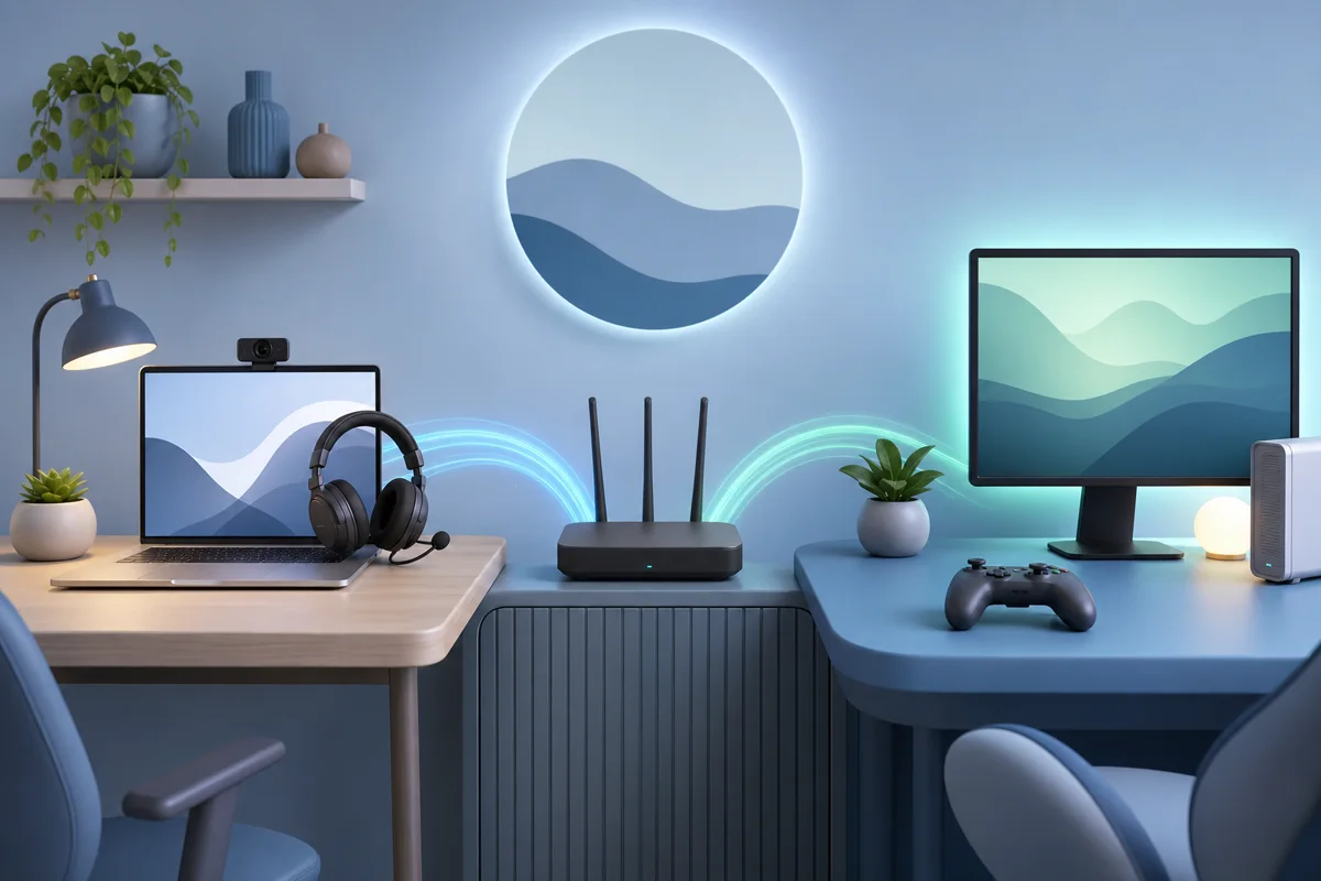 Домашнее рабочее место и игровая зона, соединённые с роутером, 3D-иллюстрация